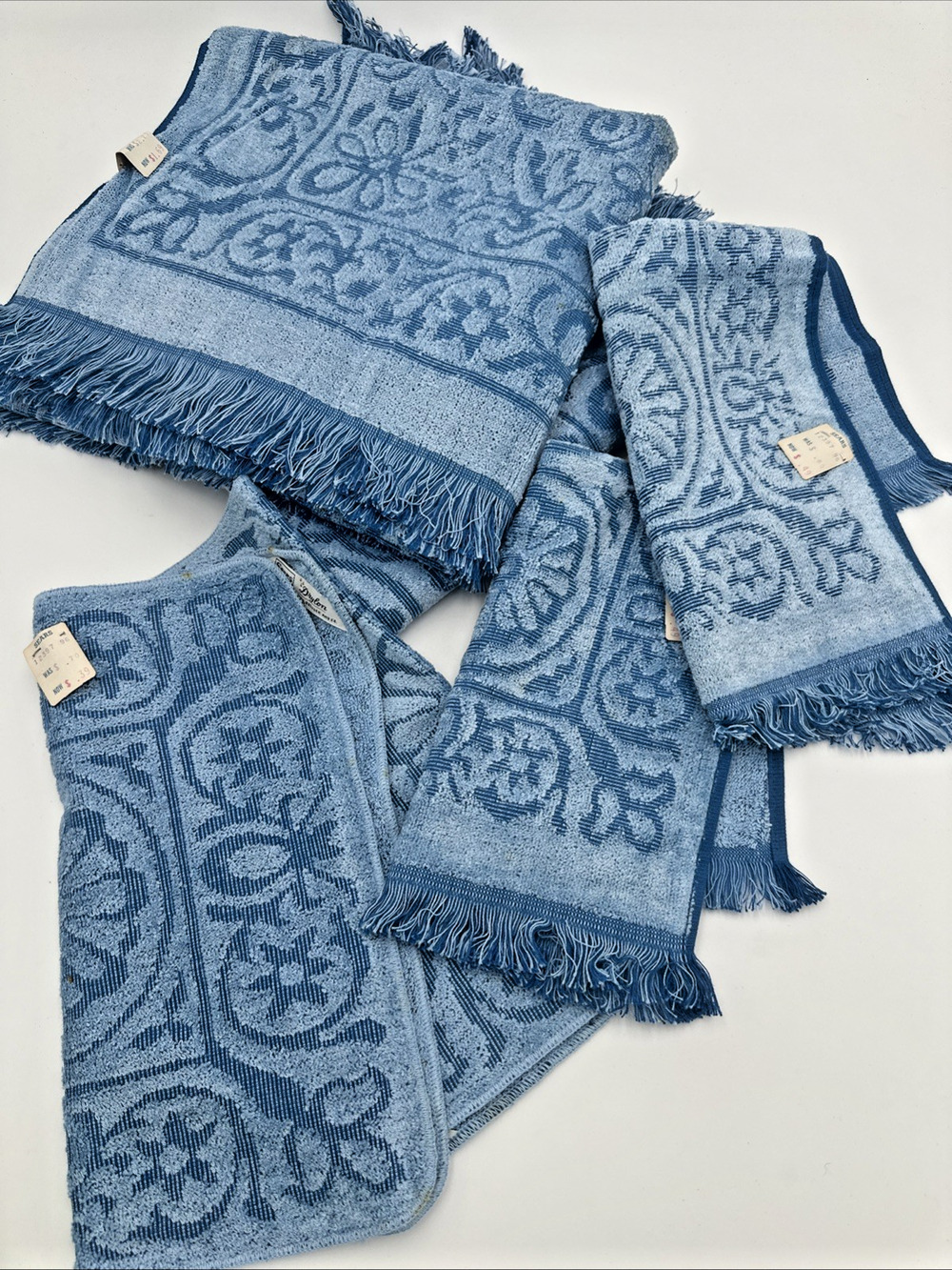 Sears Drylon Blue Sculpted 2 Bath, 2 Hand & 2 Washcloth Towels Fringe NEW